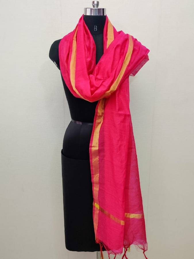 Cotton Silk Solid Pink, Gold Women Dupatta