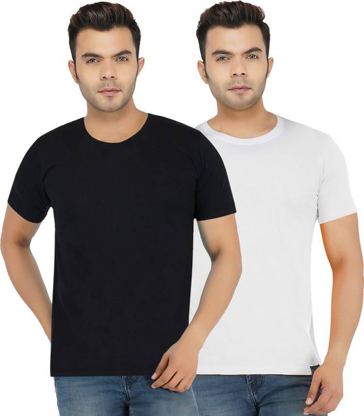 Solid Men Round Neck Black, White T-Shirt