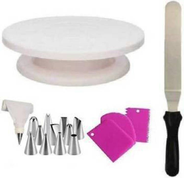 ALAMDAAR Combo of Cake Making Turn Table 7 inch Stainless Steel Spatula, 12 Piece of Cake Decoration Nozzles with Icing Bag and 3 Pieces of Dough Scrapper Cake Making Tools Kitchen Tool set Cake Making Tools Kitchen Tool Set Kitchen Tool Set