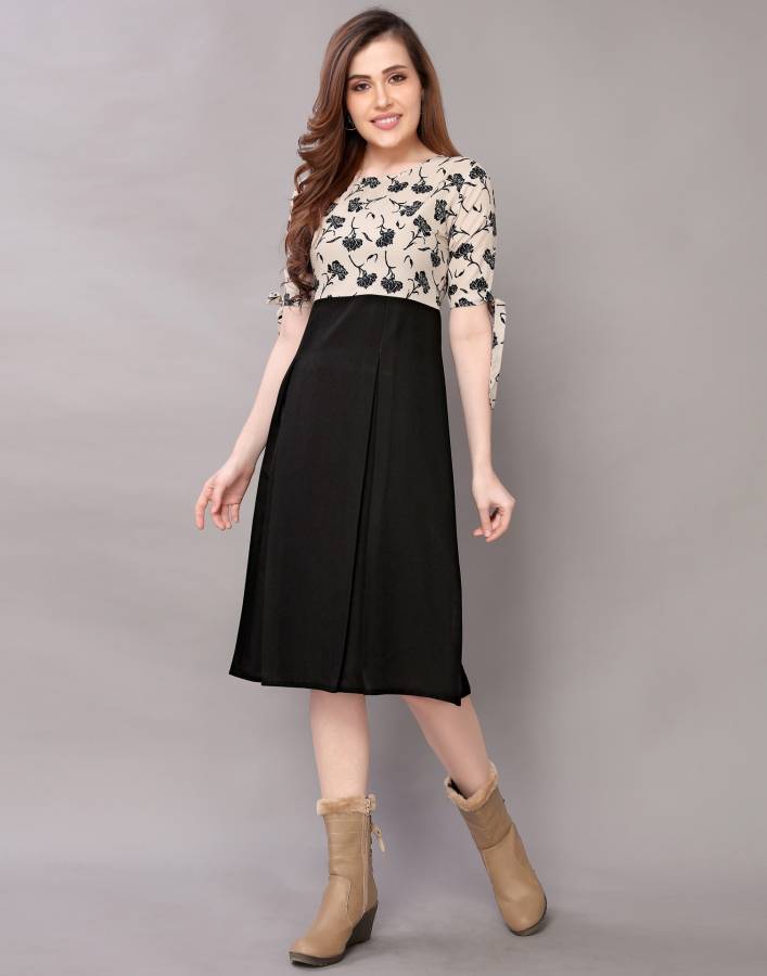 Women Fit and Flare Beige, Black Dress Price in India