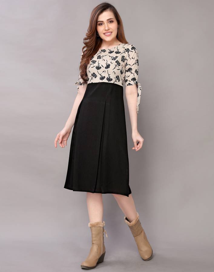 Women Fit and Flare Beige, Black Dress