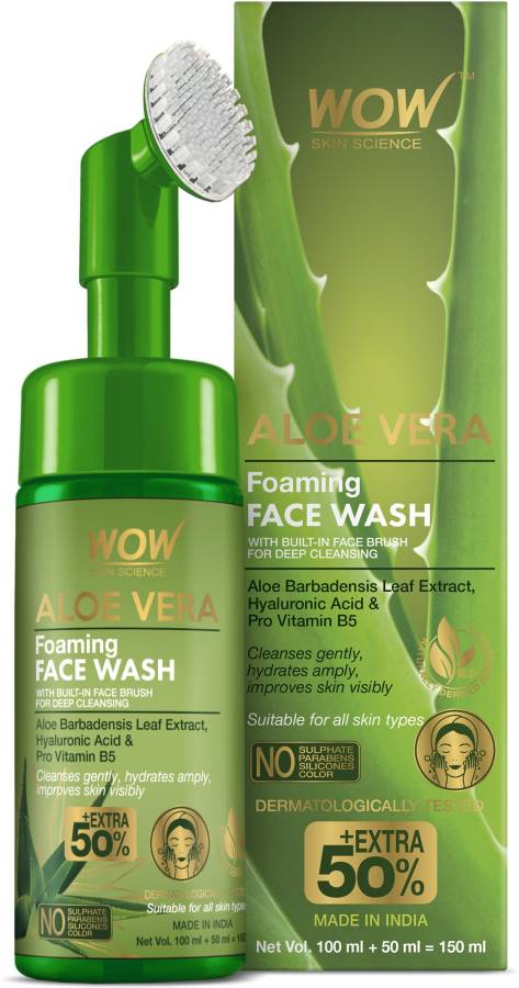 WOW SKIN SCIENCE Aloe Vera Foaming  with Built-In Face Brush for deep cleansing - No Parabens, Sulphate, Silicones & Color - 150mL Face Wash Price in India