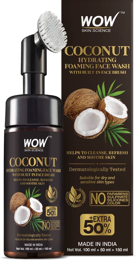 WOW SKIN SCIENCE Coconut Hydrating Foaming with Built-In Face Brush - with Coconut Water - For Cleansing, Soothing Skin - No Parabens, Sulphate, Silicones & Color - 150 ml Face Wash