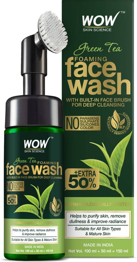 WOW SKIN SCIENCE Green Tea Foaming  with Built-In Face Brush - With Green Tea & Aloe Vera Extract - For Purifying Skin, Improving Radiance - No Parabens, Sulphate, Silicones & Color - 150 ml Face Wash Price in India