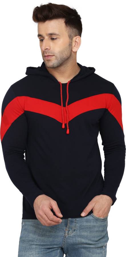 Color Block Men Hooded Neck Black, Red T-Shirt Price in India