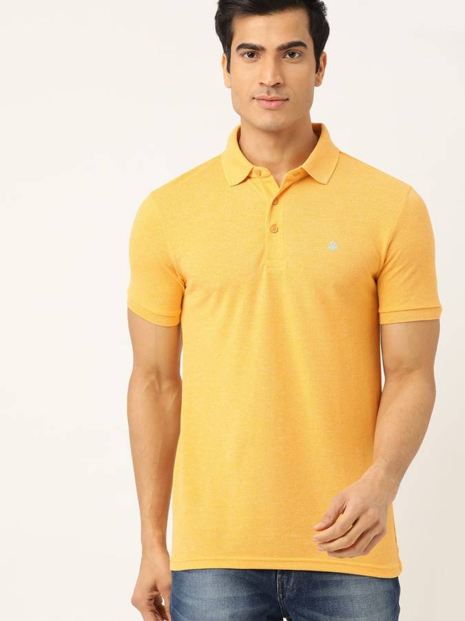 Self Design Men Polo Neck Yellow T-Shirt
