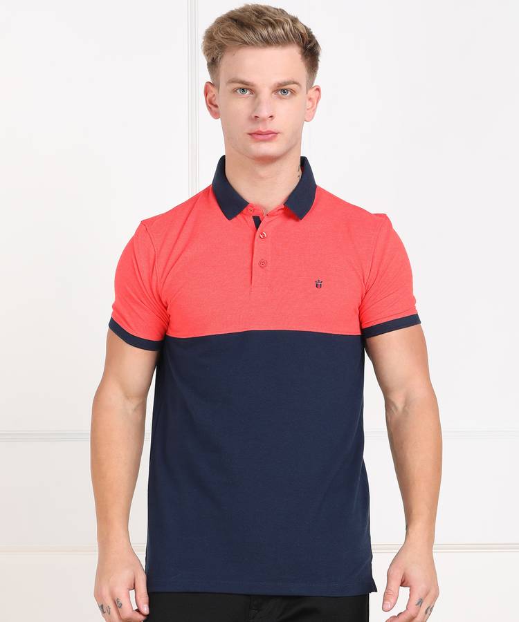 Color Block Men Polo Neck Pink, Dark Blue T-Shirt