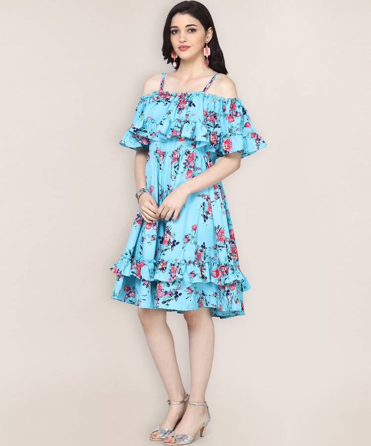 Women Ruffled Blue Dress Price in India