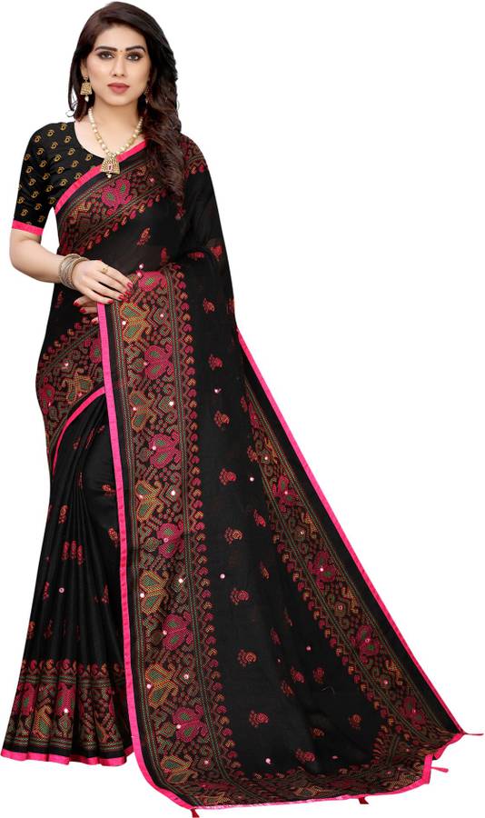 Floral Print, Paisley, Embellished, Printed Kanjivaram Cotton Jute Blend Saree