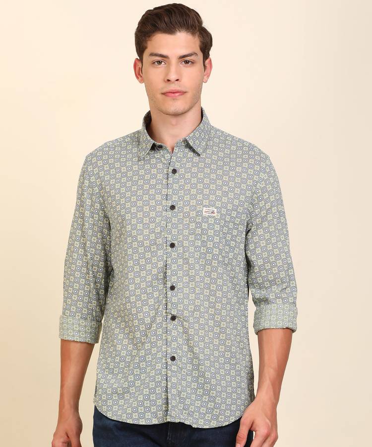 Men Slim Fit Printed Collarless Collar Casual Shirt