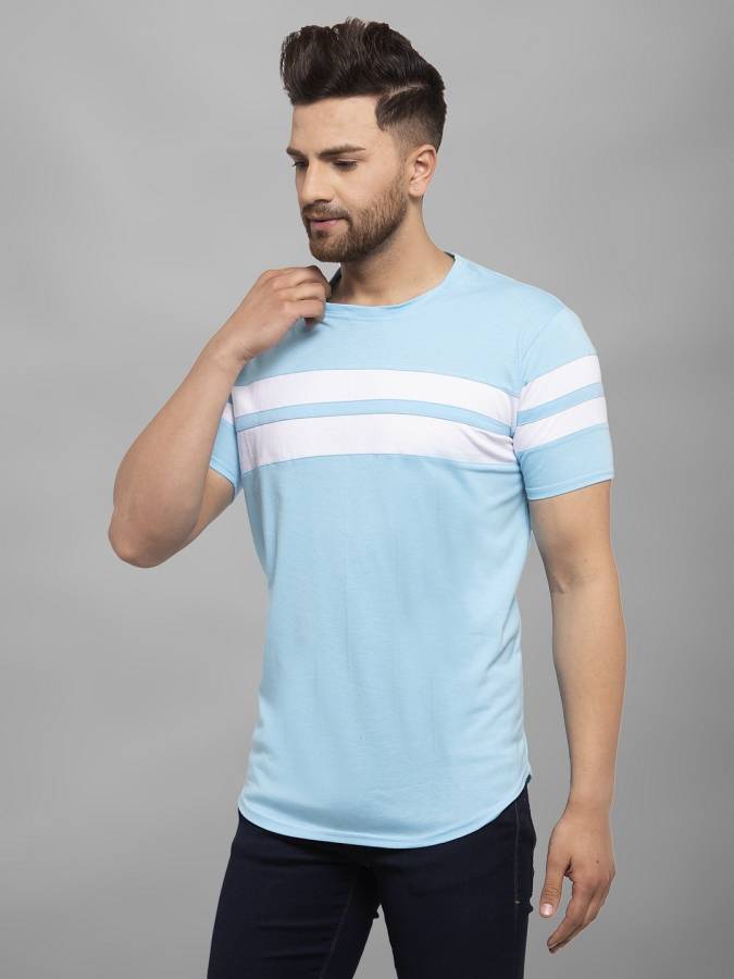 Striped Men Round Neck Light Blue T-Shirt