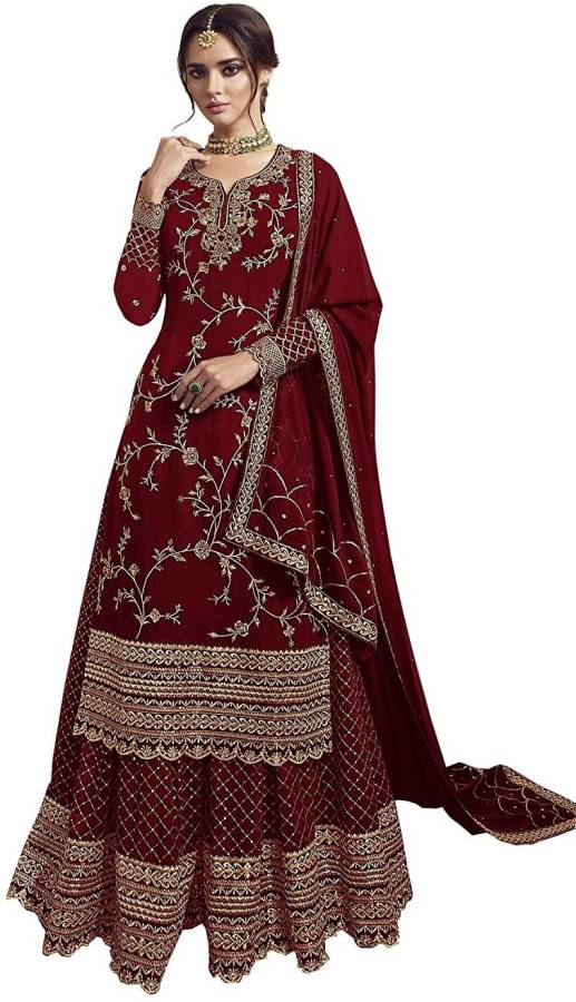 Semi Stitched Georgette Gown/Anarkali Kurta & Bottom Material Embroidered, Embellished Price in India
