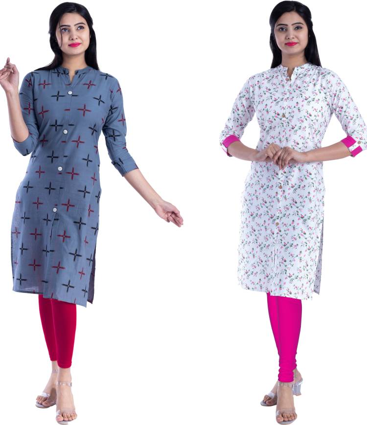 Women Printed Cotton Blend Straight Kurta Price in India