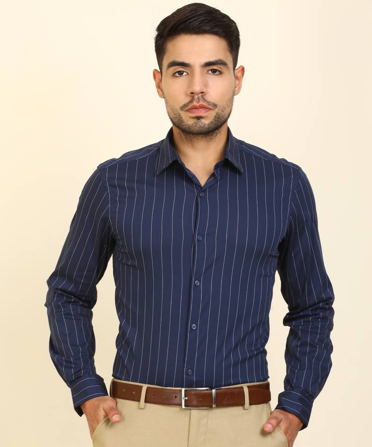 Men Super Slim Fit Striped Cut Away Collar Formal Shirt