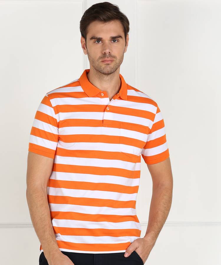 Striped Men Polo Neck Orange T-Shirt