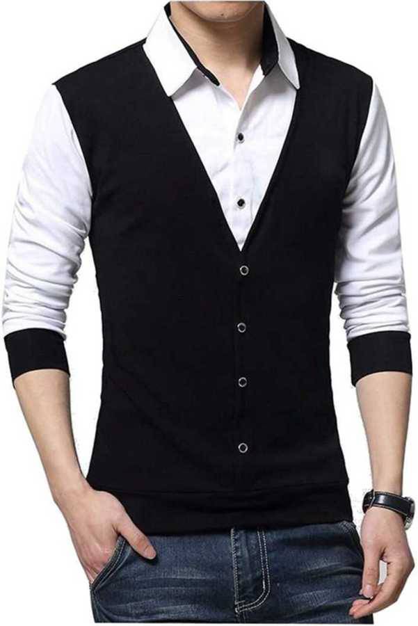 Color Block Men Button Down Black, White T-Shirt