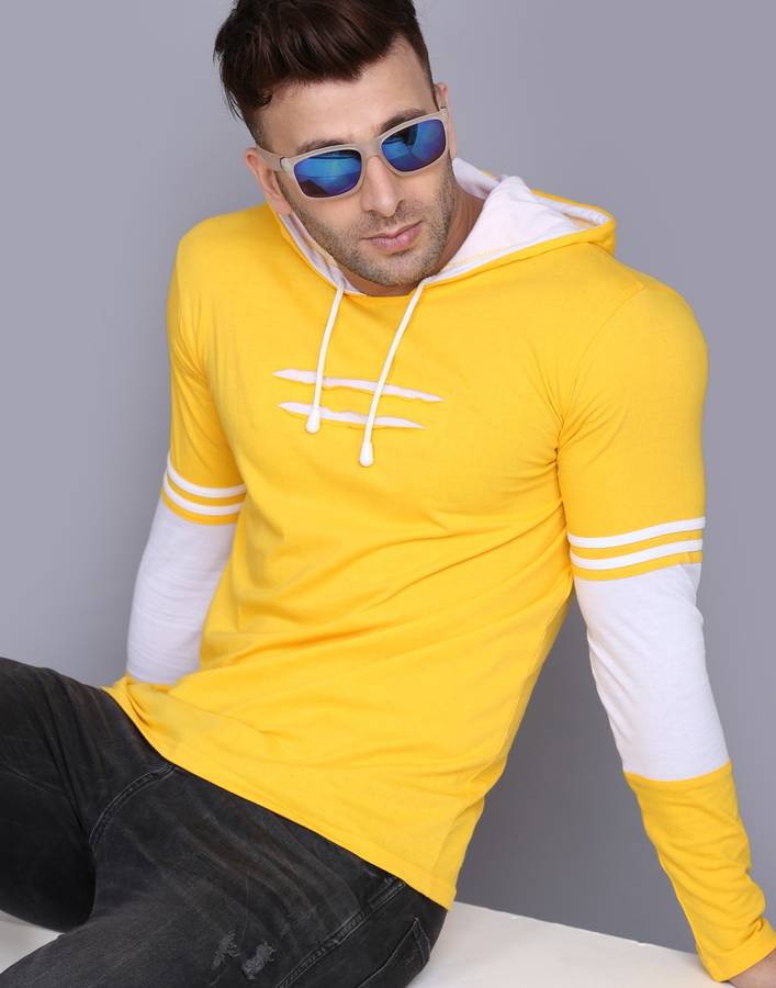 Striped Men Hooded Neck Yellow, White T-Shirt