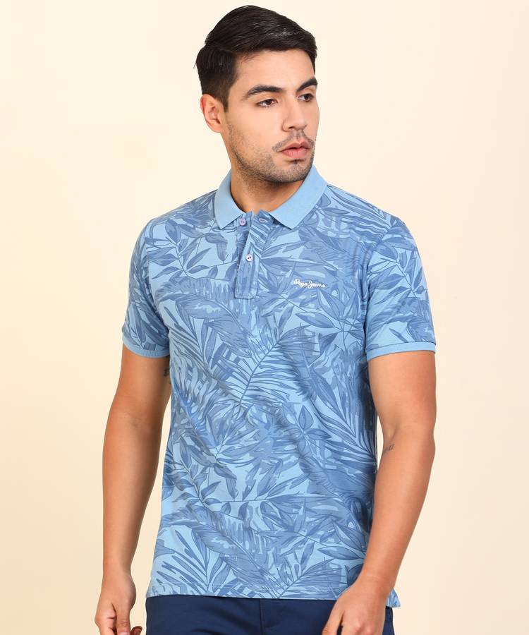 Floral Print Men Polo Neck Blue T-Shirt