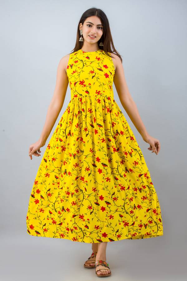 Women Fit and Flare Yellow, Red Dress