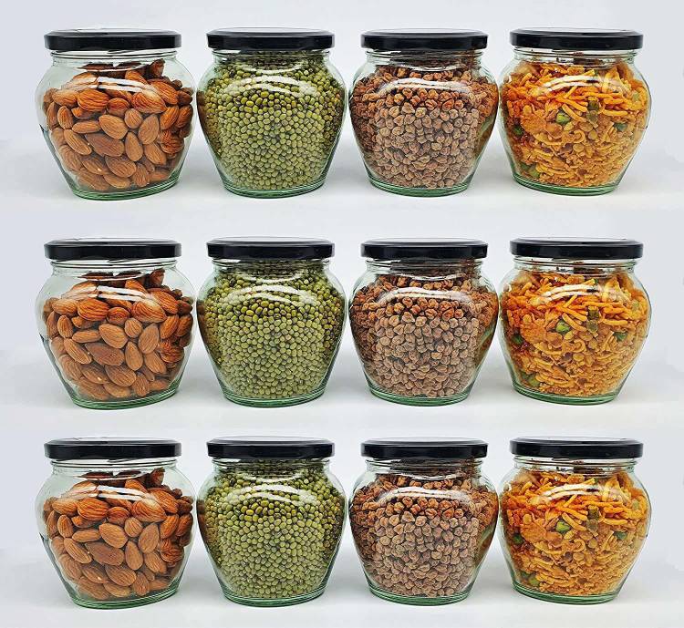Coozico Kitchen Storage Glass Jar & Container with Rust Proof Air Tight Black Metal Lid, - 400 ml Glass Honey Jar