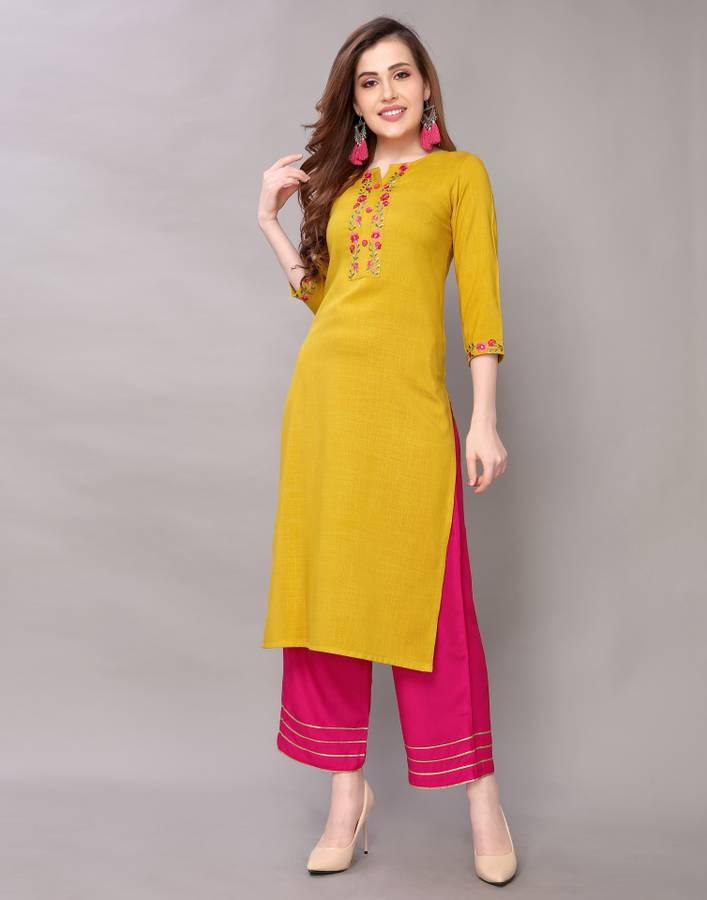 Women Solid, Embroidered Cotton Blend Straight Kurta