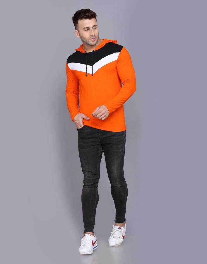 Color Block Men Hooded Neck Black, White, Orange T-Shirt