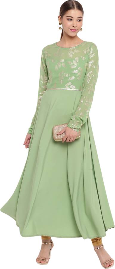 Women Printed, Embroidered Poly Crepe Gown Kurta Price in India