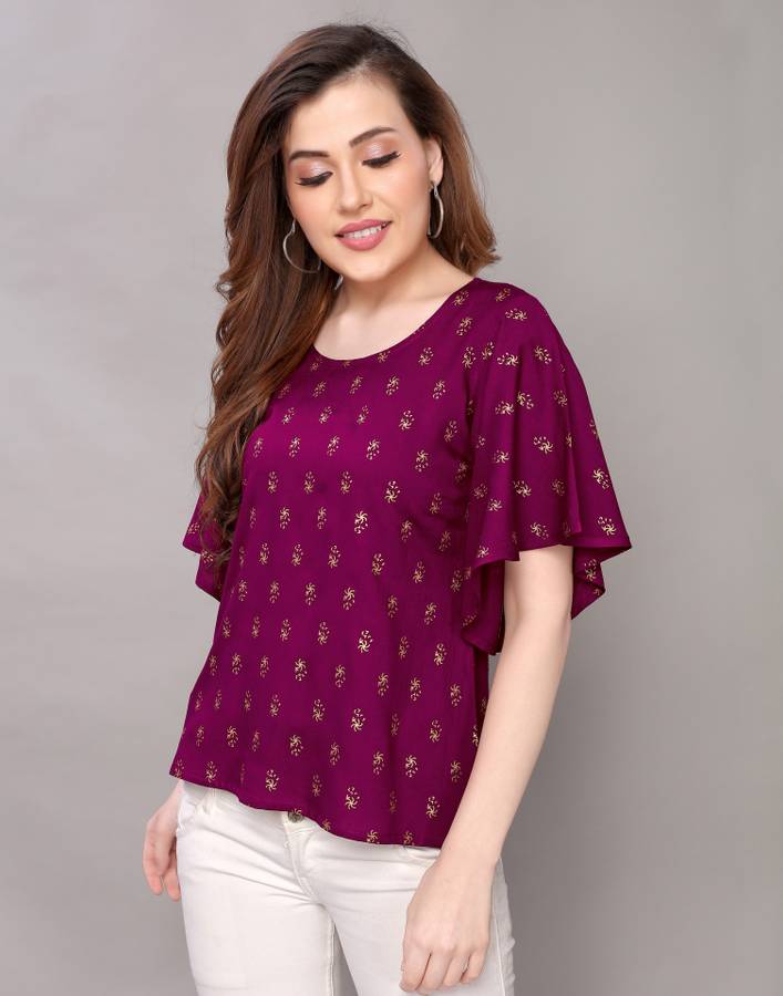 Casual 3/4 Sleeve Floral Print, Printed Women Purple Top