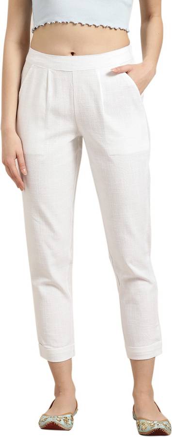 Regular Fit Women White Pure Cotton Trousers