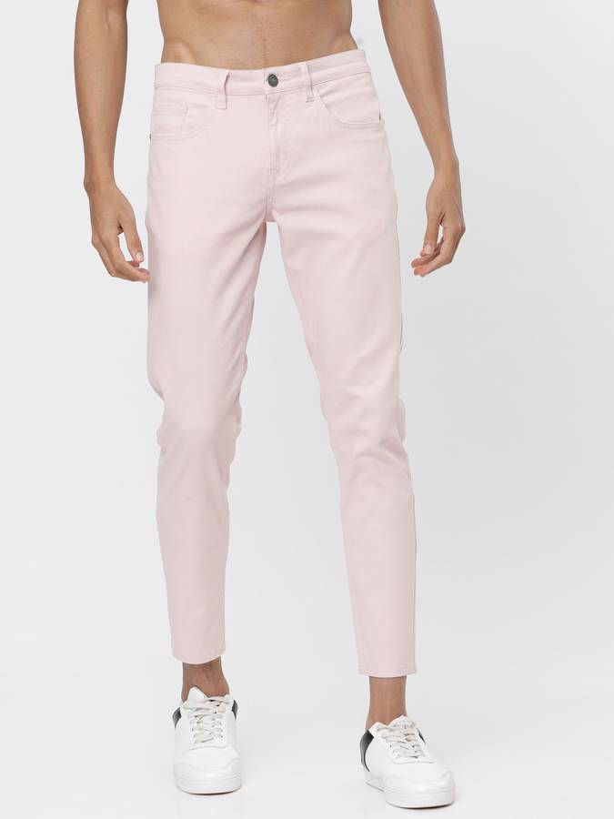 Tapered Men Pink Cotton Lycra Blend Trousers