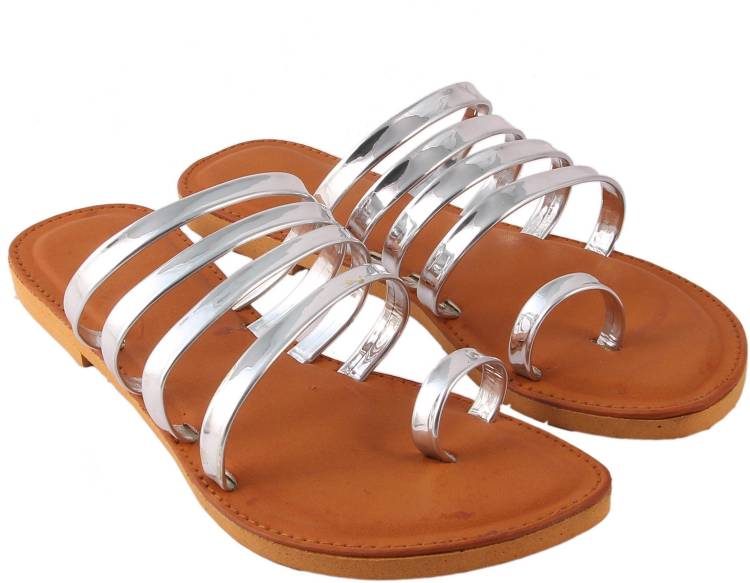 Women Silver, Brown Flats Sandal Price in India