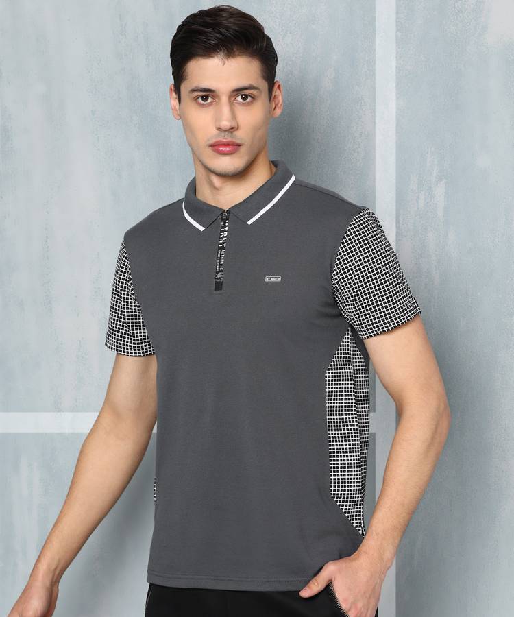 Checkered Men Polo Neck Grey T-Shirt
