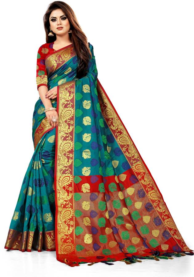 Woven, Embroidered, Floral Print Banarasi Jacquard, Cotton Silk Saree