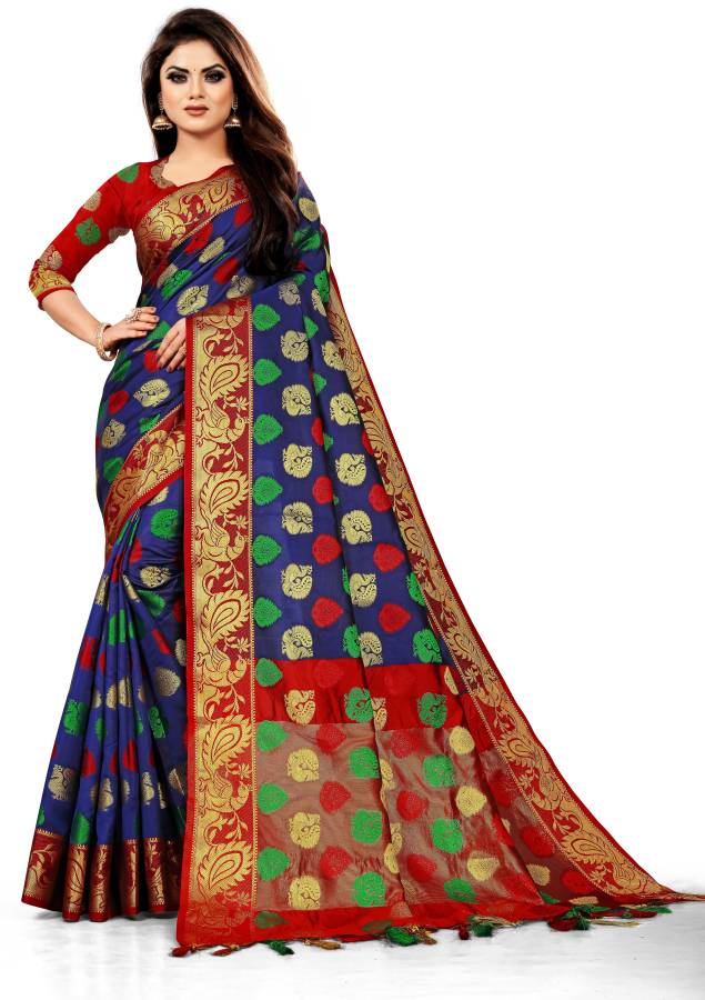 Woven, Checkered, Embroidered Banarasi Jacquard, Cotton Blend Saree Price in India
