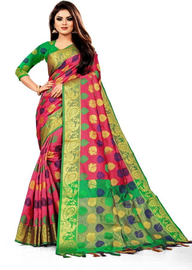 Woven, Embroidered, Checkered Banarasi Jacquard, Cotton Silk Saree