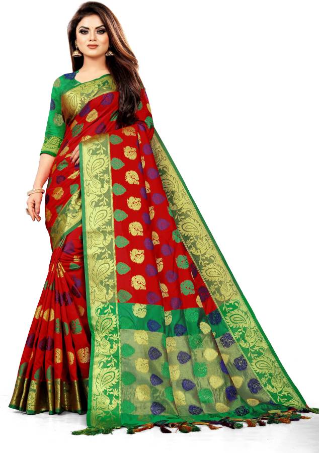 Woven, Embroidered, Checkered Banarasi Jacquard, Cotton Silk Saree Price in India