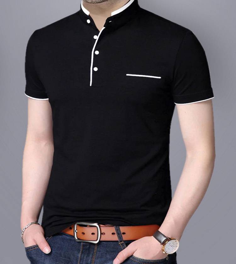 Solid Men Mandarin Collar Black T-Shirt Price in India