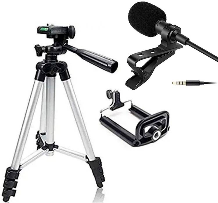 neojon 3110 Mobile Phone & Camera Stand Holder Tripod Kit with Collar Microphone Kit with Voice Recording Filter Mic for Recording Singing YouTube (2in1 Combo Pack) Tripod, Monopod Kit, Tripod Kit, Monopod