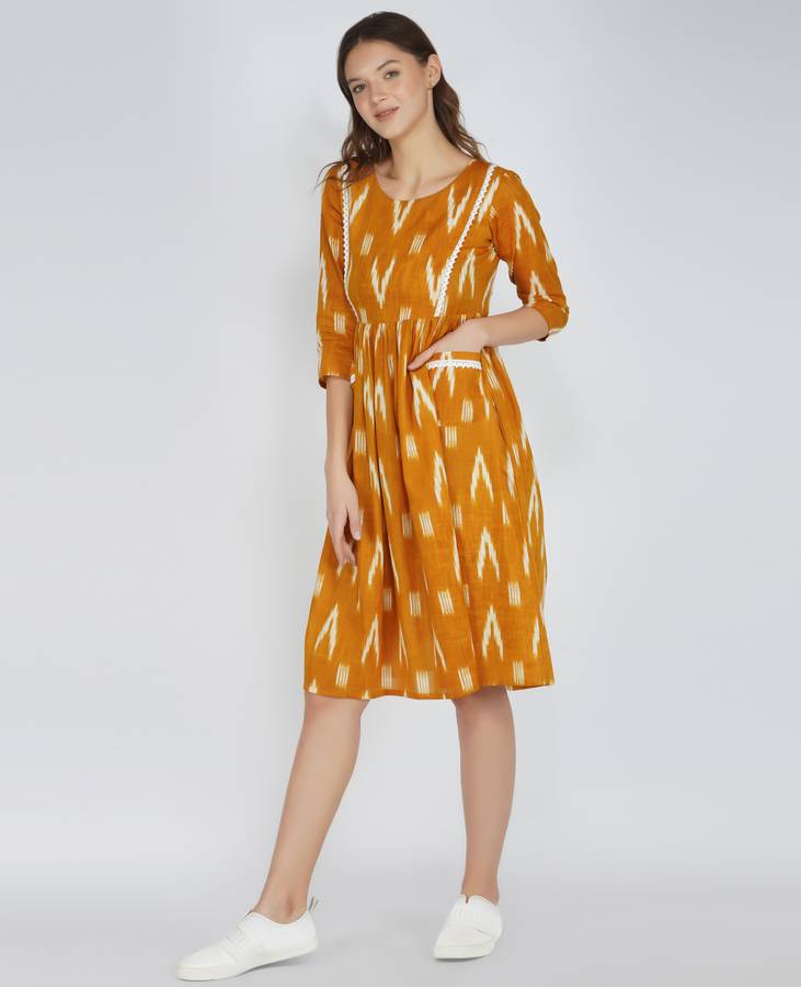 Women Fit and Flare Yellow, White Dress