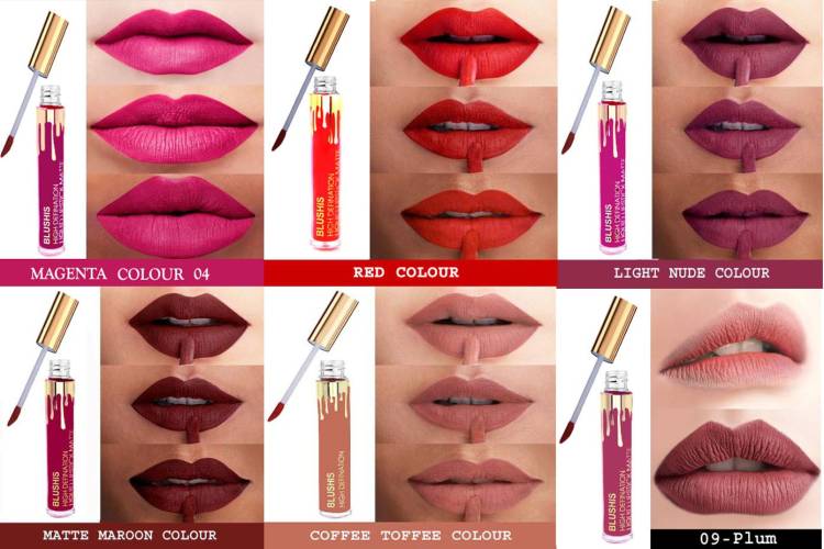 BLUSHIS Smudge Proof Waterproof Longlasting Matte Liquid Lipstick Combo of 6 pc Price in India