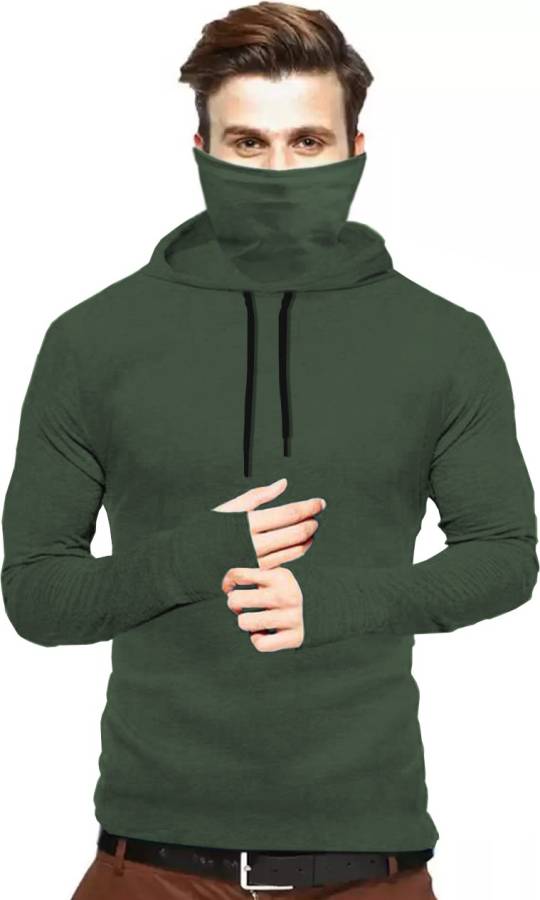 Solid Men Hooded Neck Dark Green T-Shirt Price in India