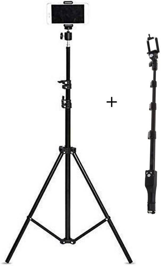 ADZOY 6.9" feet (200cm) Strong Metal Tripod with Mobile Bracket & 4 feet 1288 Bluetooth Selfie Stick (SET OF 2) for Mobile/Camera Photo/Video/Selfie Shoot Tripod Kit