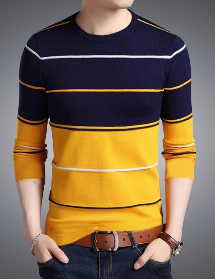 Striped Men Round Neck Yellow T-Shirt 