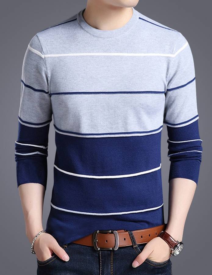 Striped Men Round Neck Grey T-Shirt