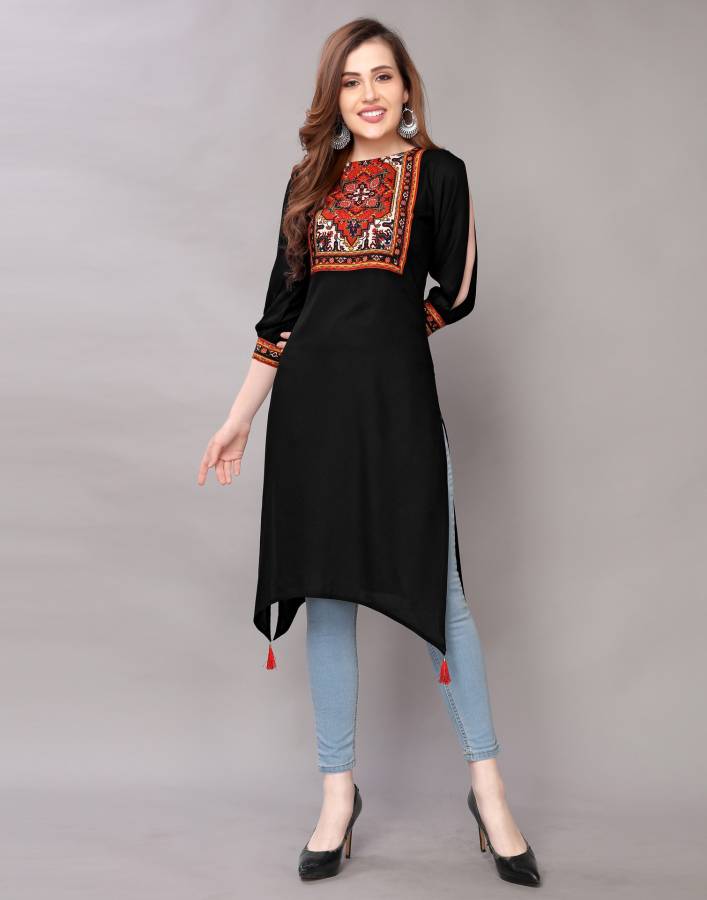 Women Block Print, Geometric Print, Printed, Embellished Rayon Trail Cut Kurta Price in India