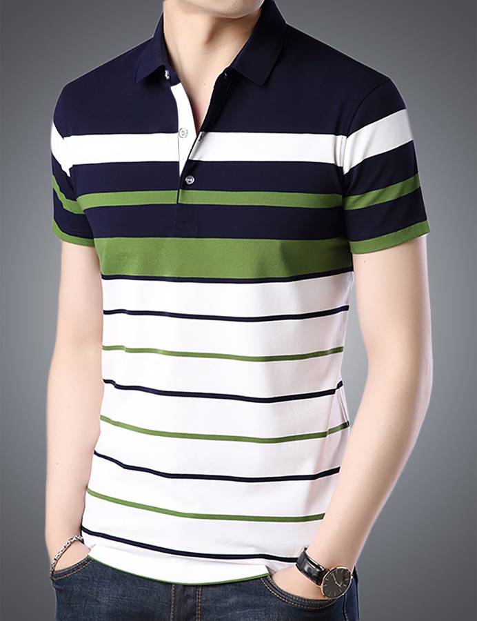 Striped Men Polo Neck White T-Shirt Price in India