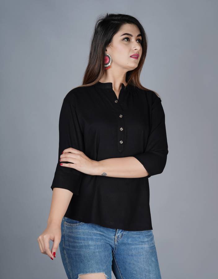 Casual Regular Sleeves Solid Women Black Top Price in India