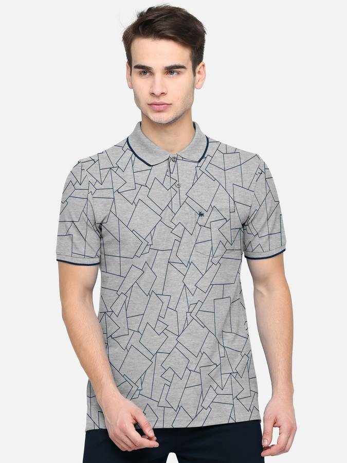 Printed Men Polo Neck Grey, Black T-Shirt