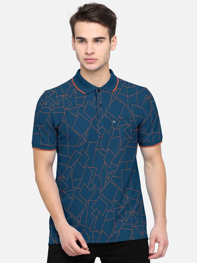 Printed Men Collared Neck Dark Blue T-Shirt