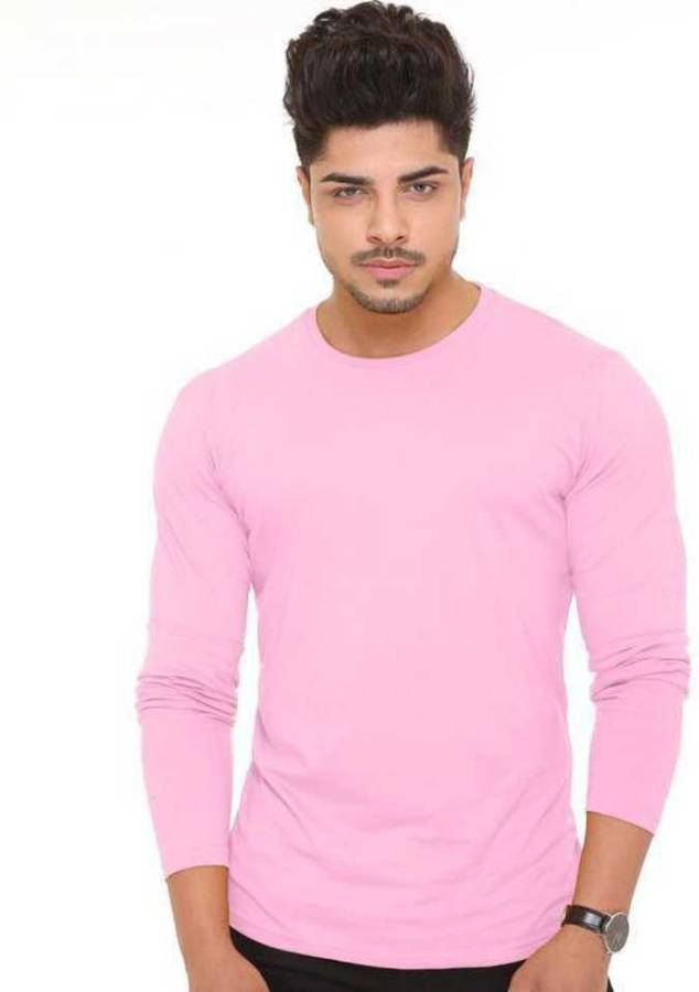 Solid Men Round Neck Pink T-Shirt Price in India